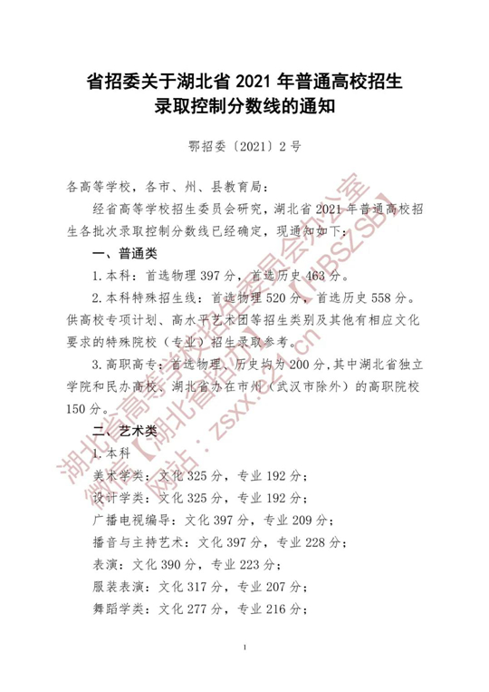 关于湖北省2021年普通高校招生录取控制分数线的通知(图1)
